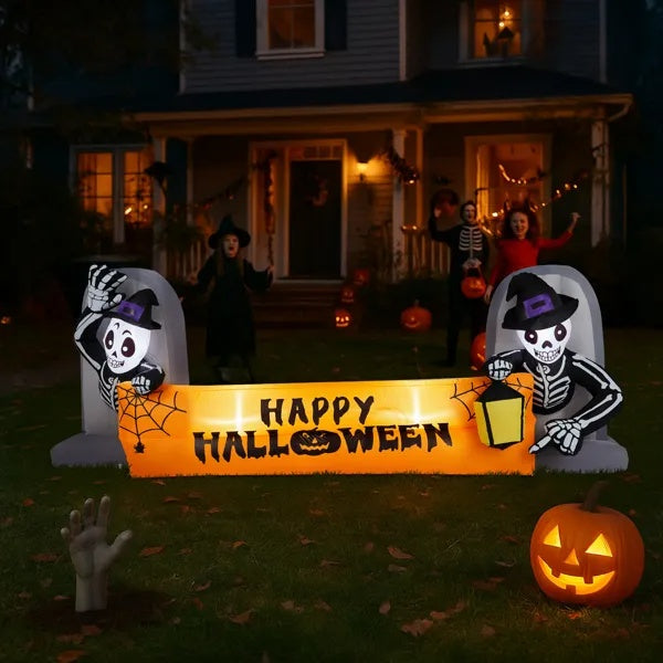 9.6FT Large Halloween Inflatable Skeleton Tombstone Banner, Outdoor Decorations Blow Up Yard Decor With Built-in LEDs For Halloween Holiday Party Outdoor Garden