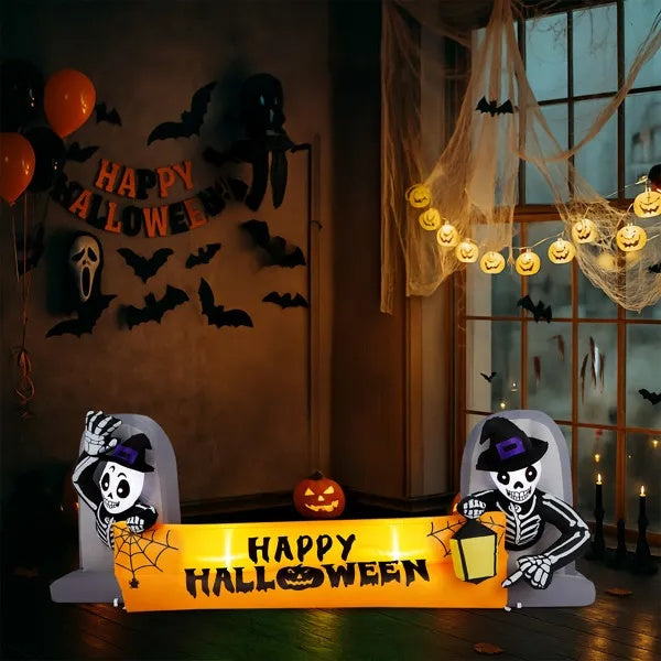 9.6FT Large Halloween Inflatable Skeleton Tombstone Banner, Outdoor Decorations Blow Up Yard Decor With Built-in LEDs For Halloween Holiday Party Outdoor Garden