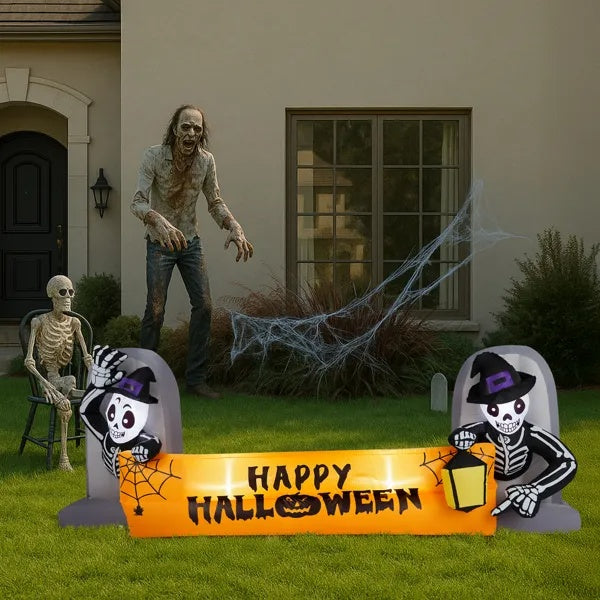 9.6FT Large Halloween Inflatable Skeleton Tombstone Banner, Outdoor Decorations Blow Up Yard Decor With Built-in LEDs For Halloween Holiday Party Outdoor Garden