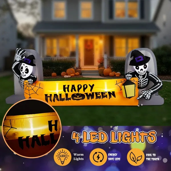 9.6FT Large Halloween Inflatable Skeleton Tombstone Banner, Outdoor Decorations Blow Up Yard Decor With Built-in LEDs For Halloween Holiday Party Outdoor Garden